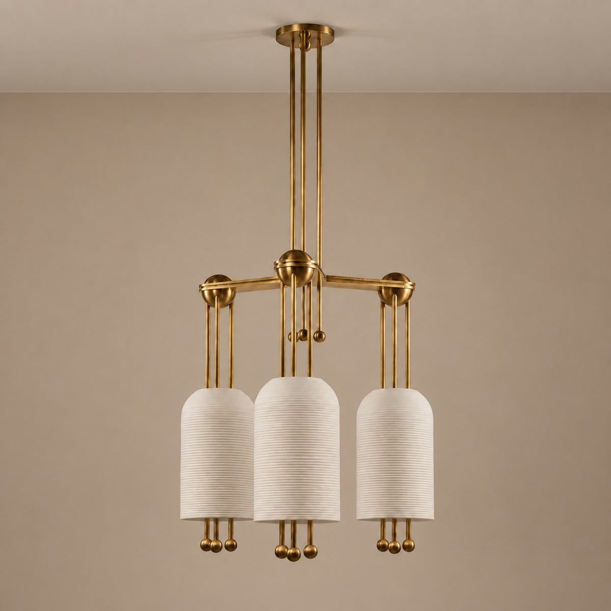 Linear Unglazed Ceramic Shade and Brass Chandelier