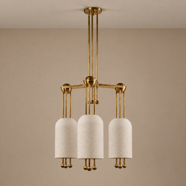 Linear Unglazed Ceramic Shade and Brass Chandelier