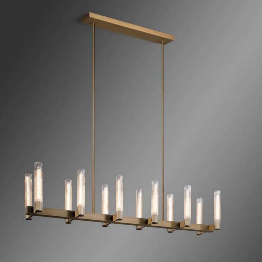 Linear Vintage Brass and Glass Chandelier