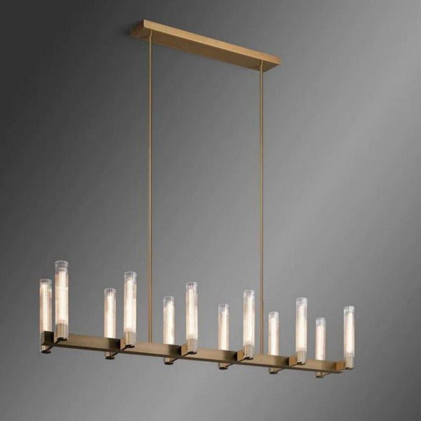 Linear Vintage Brass and Glass Chandelier