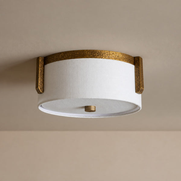 Linen Drum Flush Mount with Antique Brass Frame