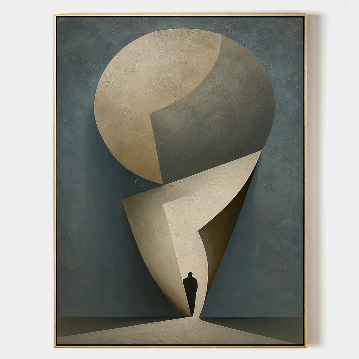 Lone Figure Beneath Floating Forms