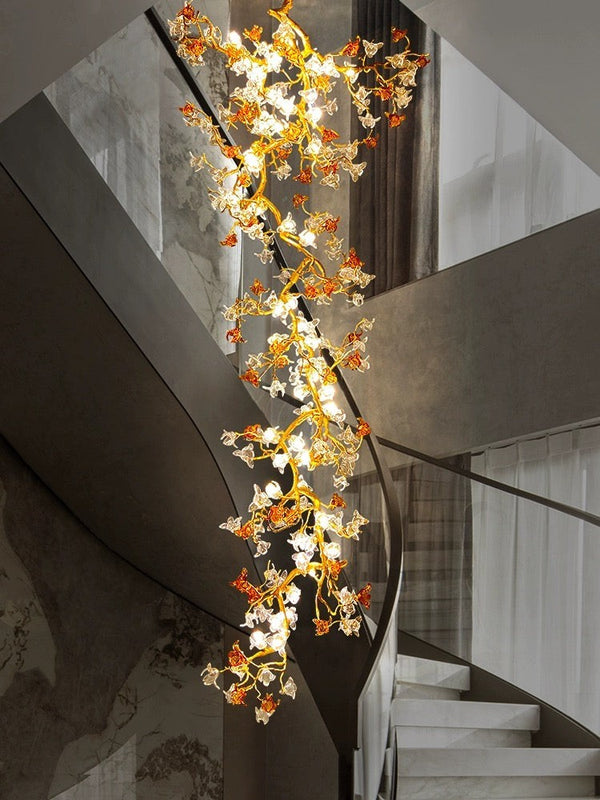 Long Branching Cotton Flower Gold Chandelier