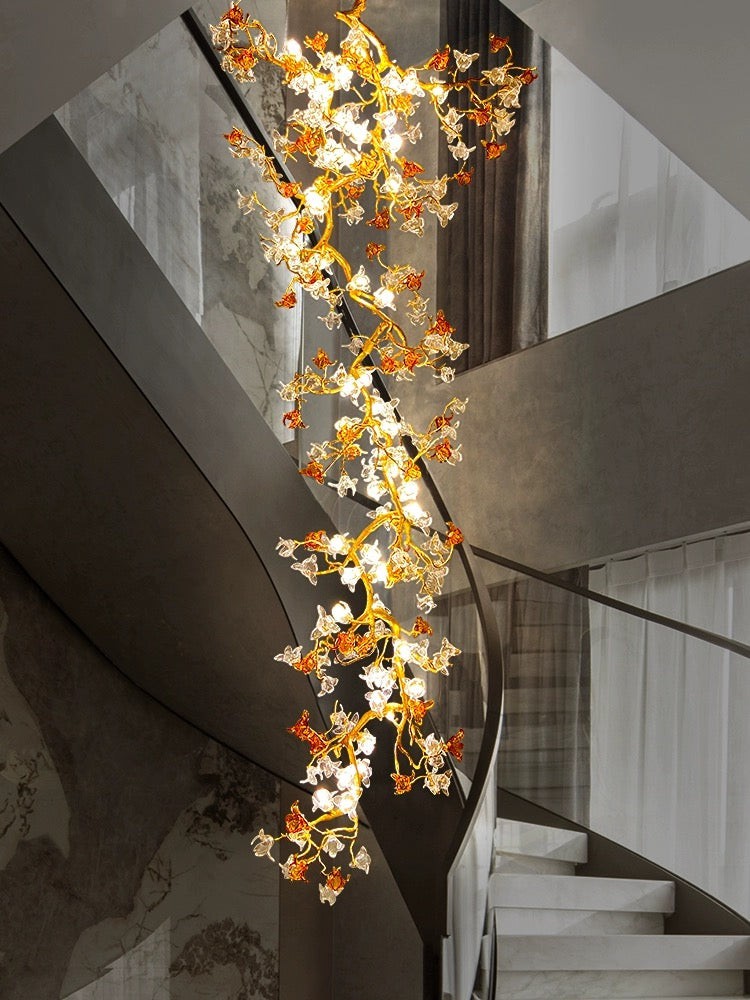 Long Branching Cotton Flower Gold Chandelier