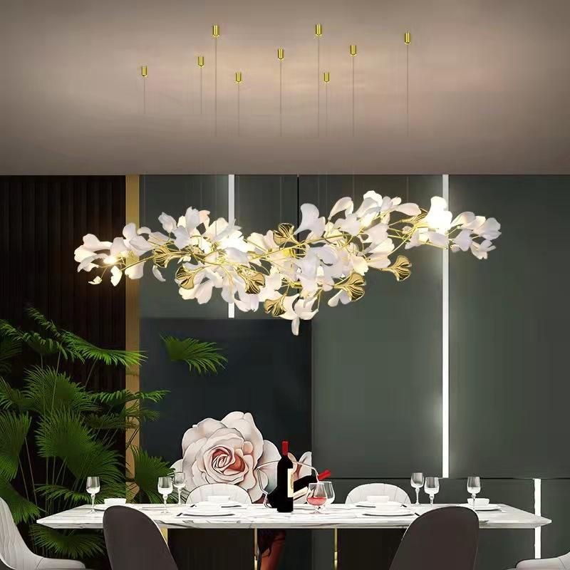 Long Branching Ginkgo Leaf Ceramic and Copper Chandelier