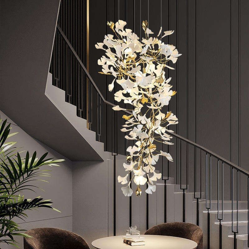 Long Copper Branch Ceramic Ginkgo Leaf Chandelier