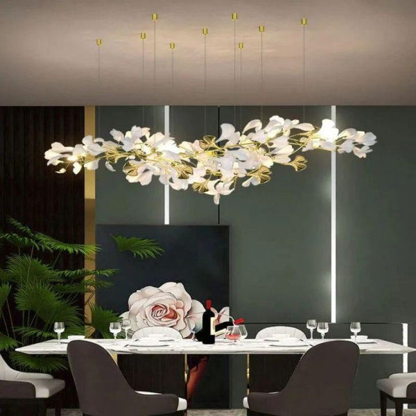 Long Golden Copper Branch Chandelier with Ceramic Ginkgo Leaves