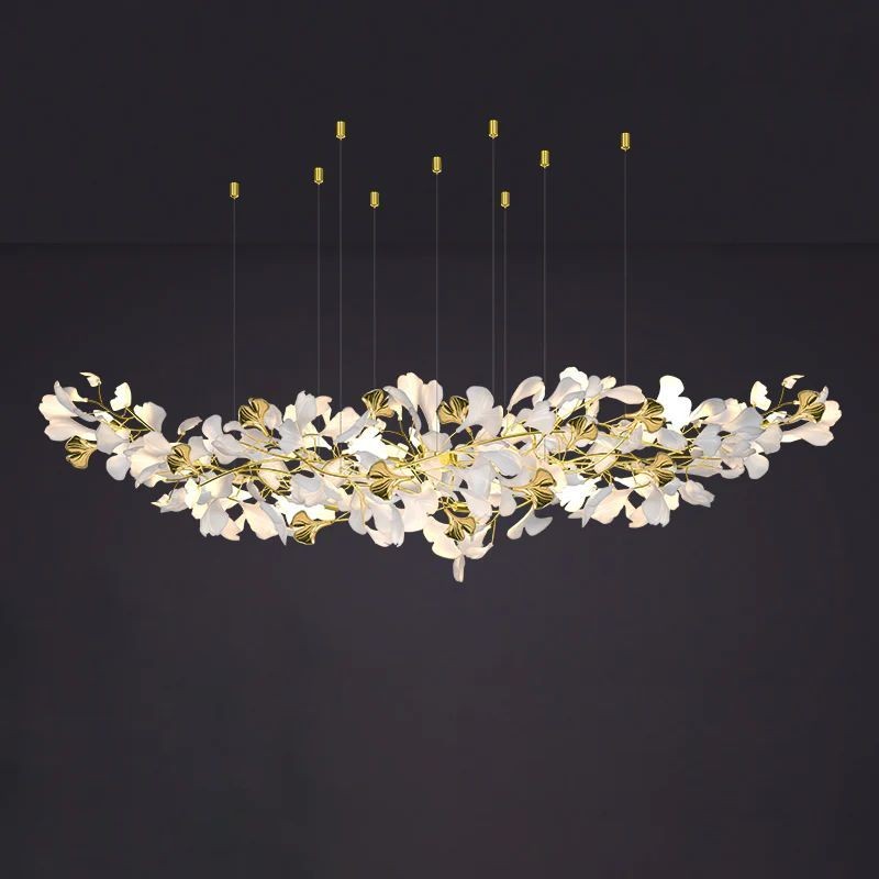 Long Horizontal Copper Branch Ginkgo Leaf Chandelier