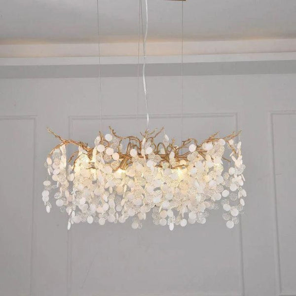 Long Linear Brass Branch Chandelier with Glass Globes
