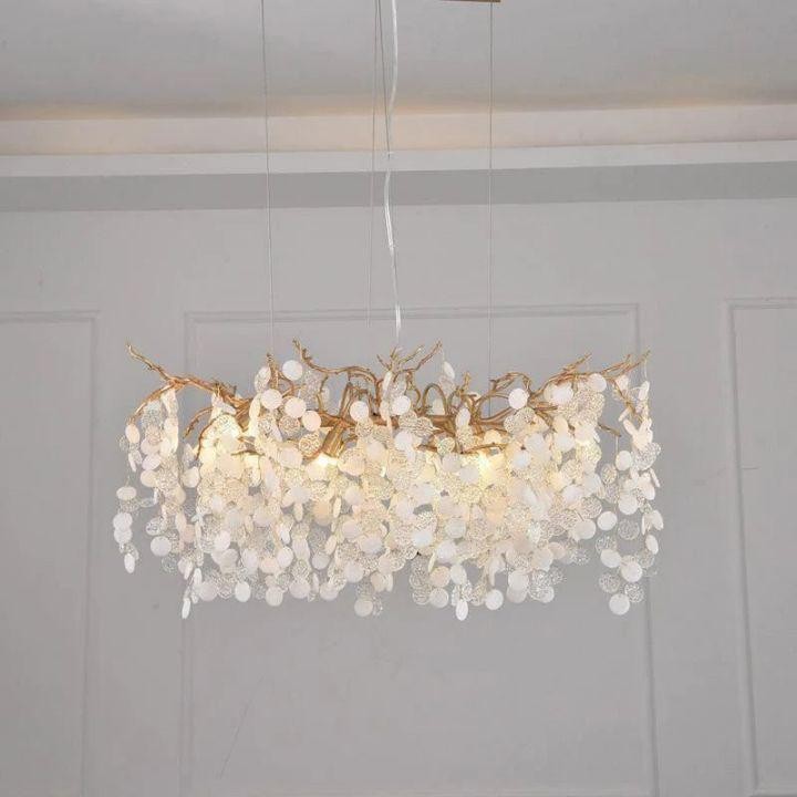 Long Linear Brass Branch Chandelier with Glass Globes