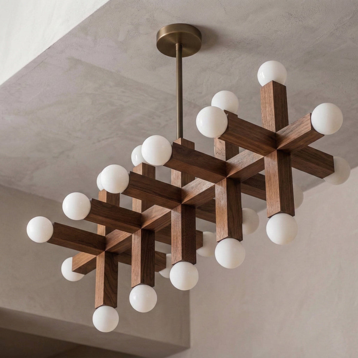 Long Linear Wood and Brass Opal Globe Chandelier