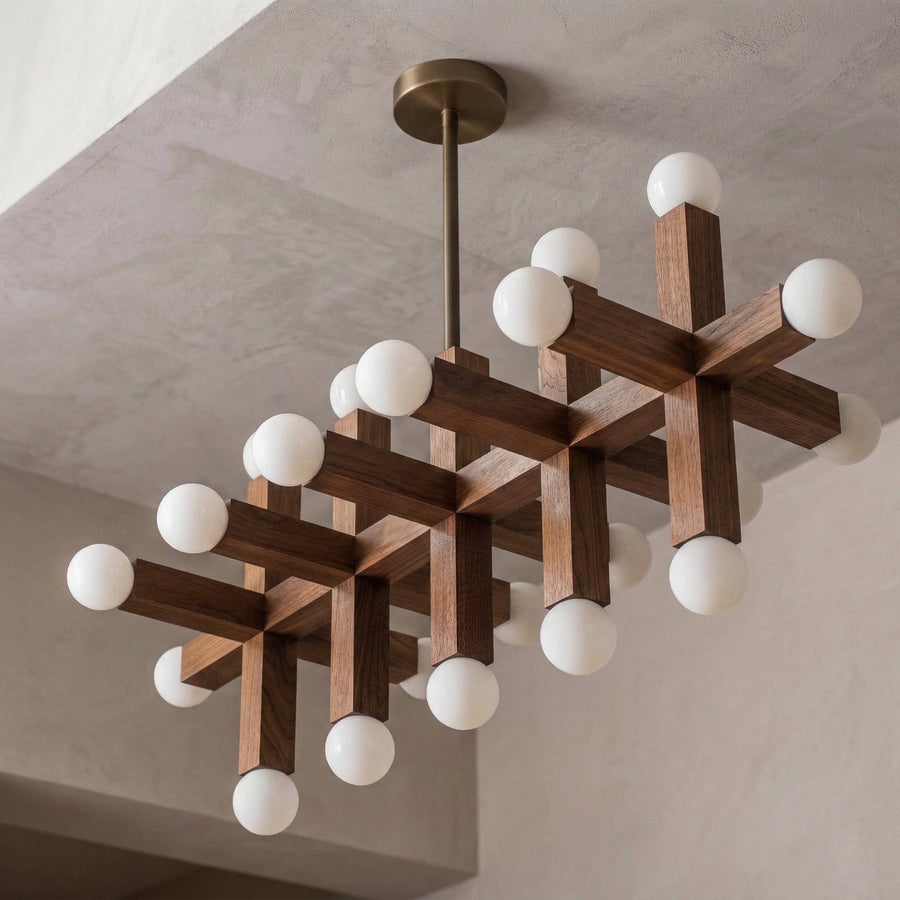 Long Linear Wood and Brass Opal Globe Chandelier