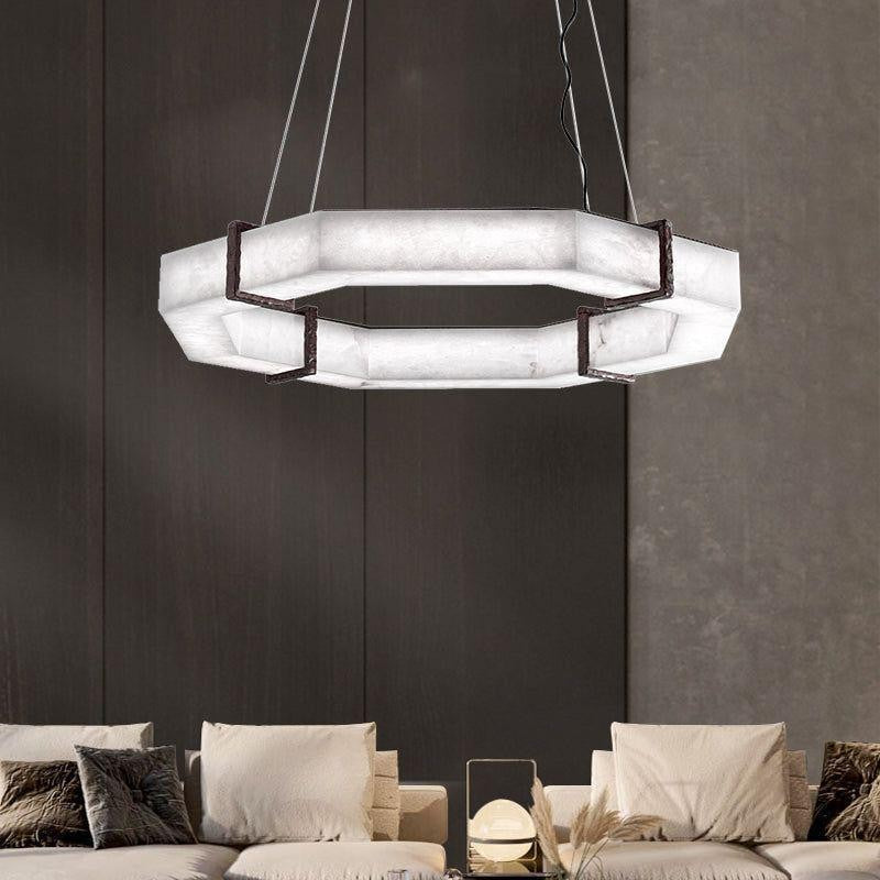Low Alabaster Drum Chandelier with Black Metal Frame
