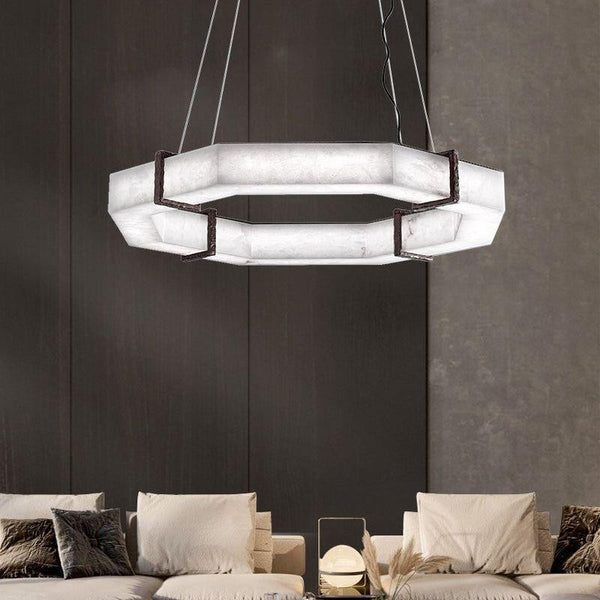 Low Alabaster Drum Chandelier with Black Metal Frame