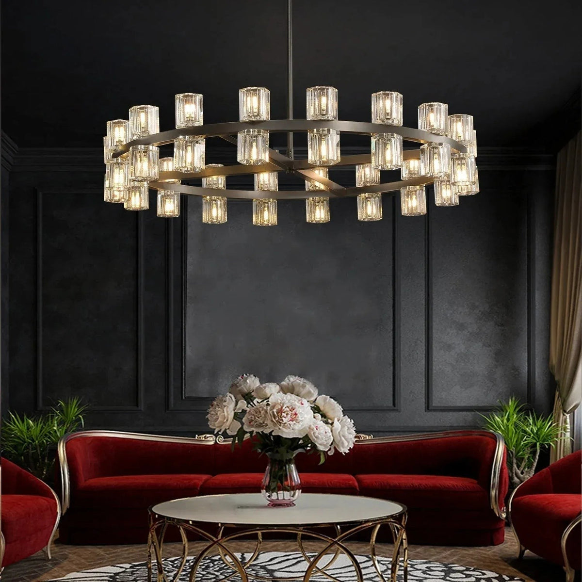 Low Crystal Glass Ring Chandelier with Brass Frame