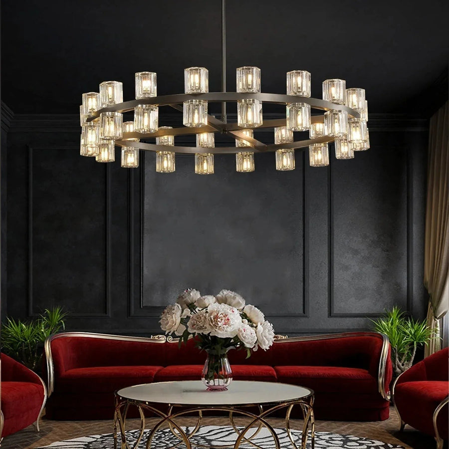 Low Crystal Glass Ring Chandelier with Brass Frame