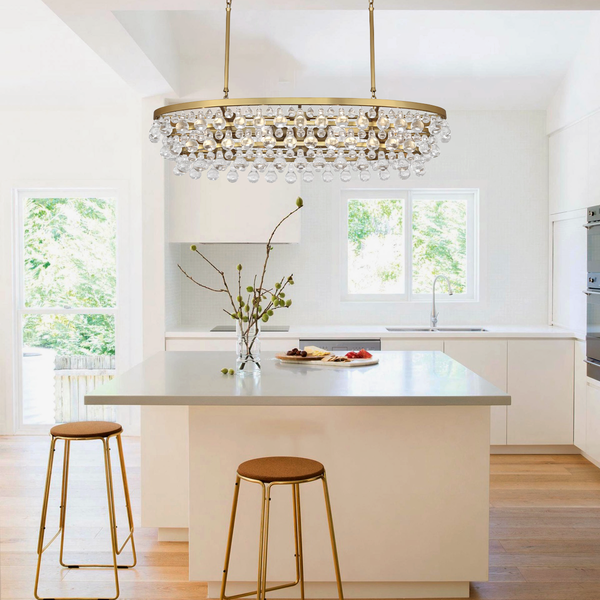 Low Oval Brass and Crystal Chandelier