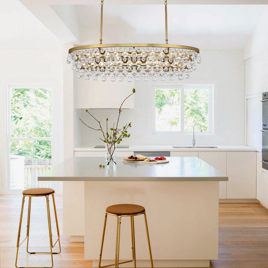 Low Oval Brass and Crystal Chandelier