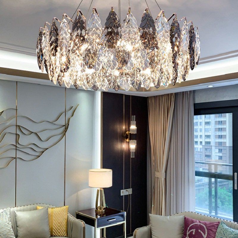 Low Polished Steel and Crystal Ring Chandelier