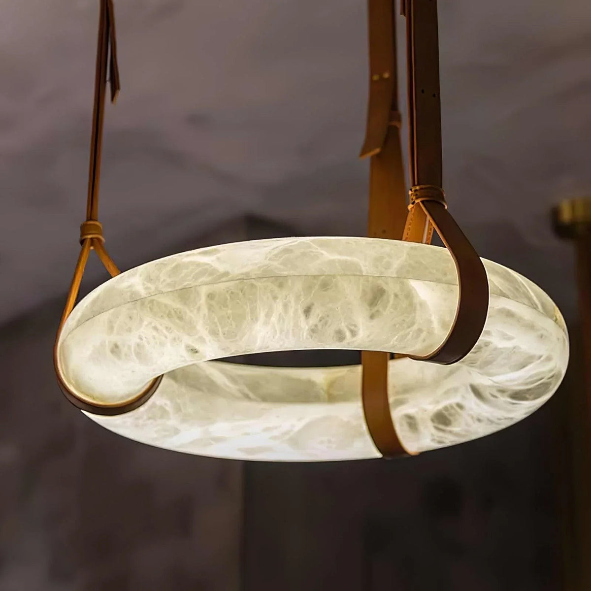 Low Profile Alabaster Disc Chandelier with Leather Band