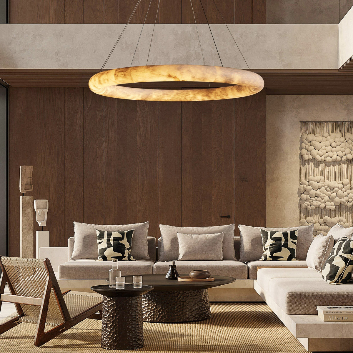 Low-Profile Alabaster Ring Chandelier with Brass Canopy