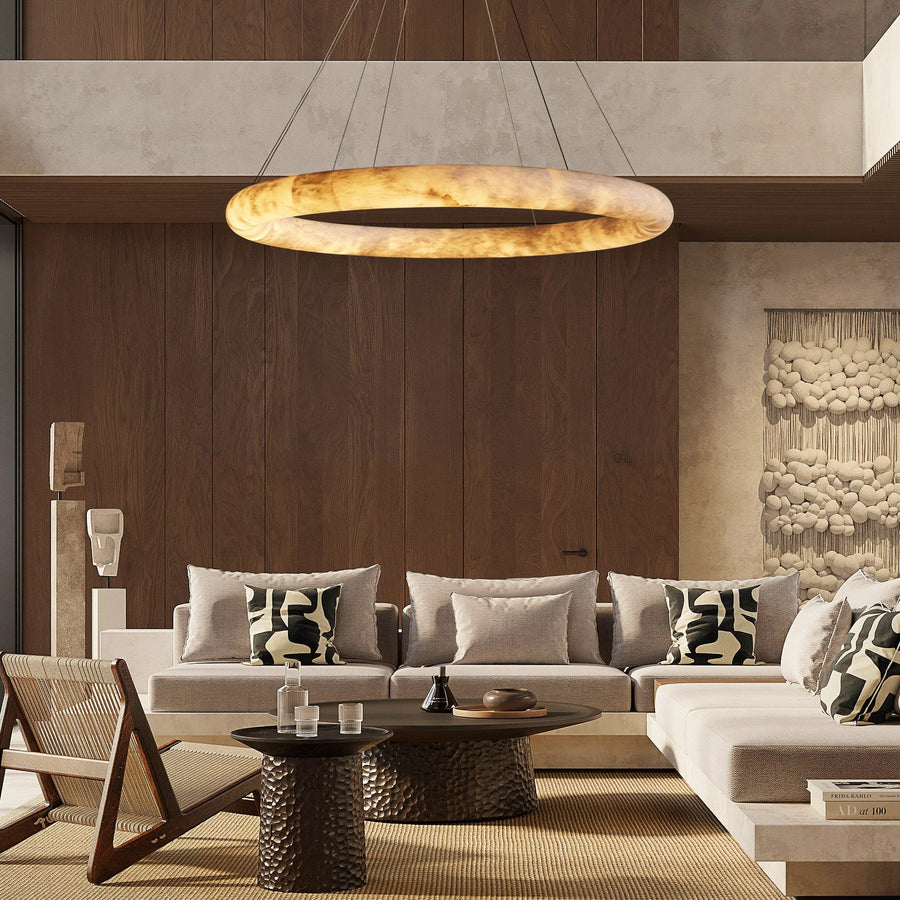Low-Profile Alabaster Ring Chandelier with Brass Canopy