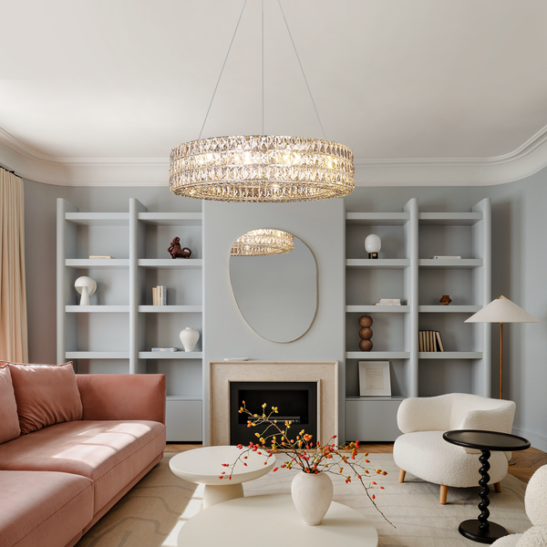 Low Profile Crystal and Brass Ring Chandelier