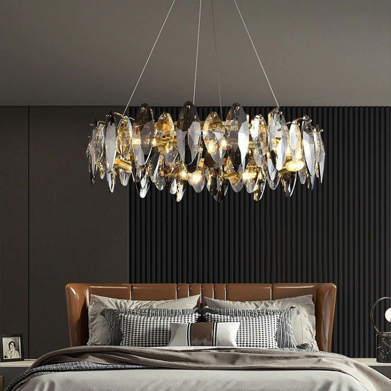 Low Profile Crystal and Polished Steel Ring Chandelier
