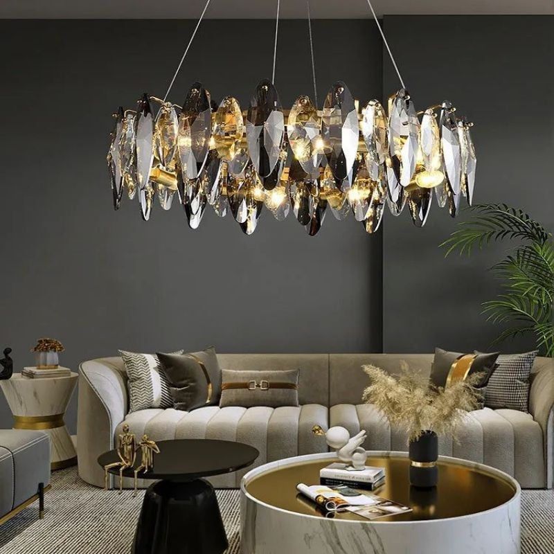 Low Profile Polished Steel and Crystal Ring Chandelier