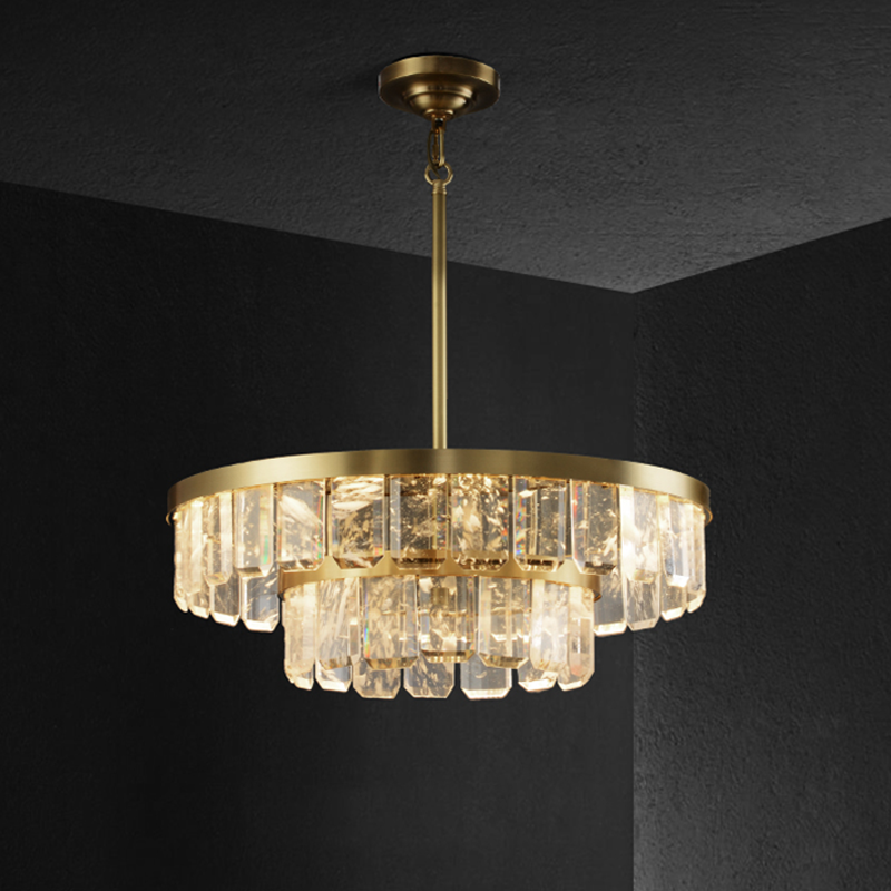 Low Profile Tiered Crystal and Brass Ring Chandelier