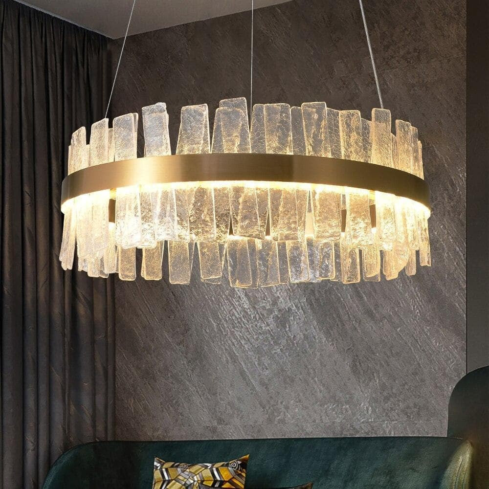 Low Round Brass Ring Crystal Cluster Chandelier
