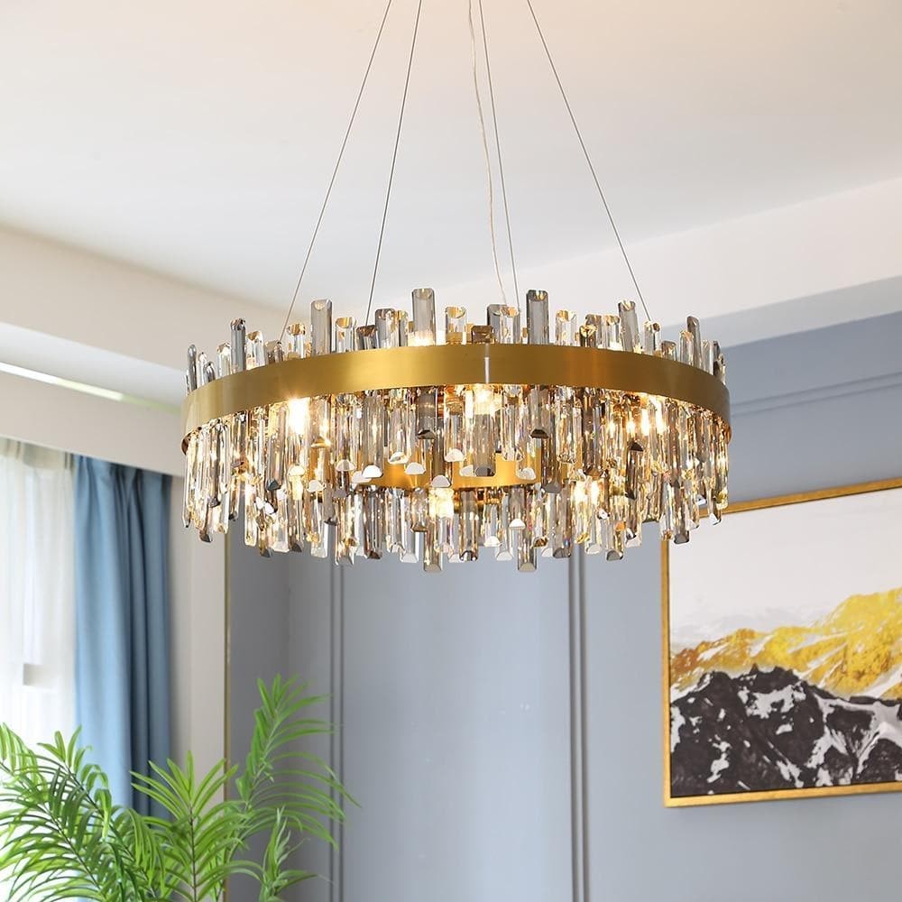 Low Round Crystal and Gold Ring Chandelier
