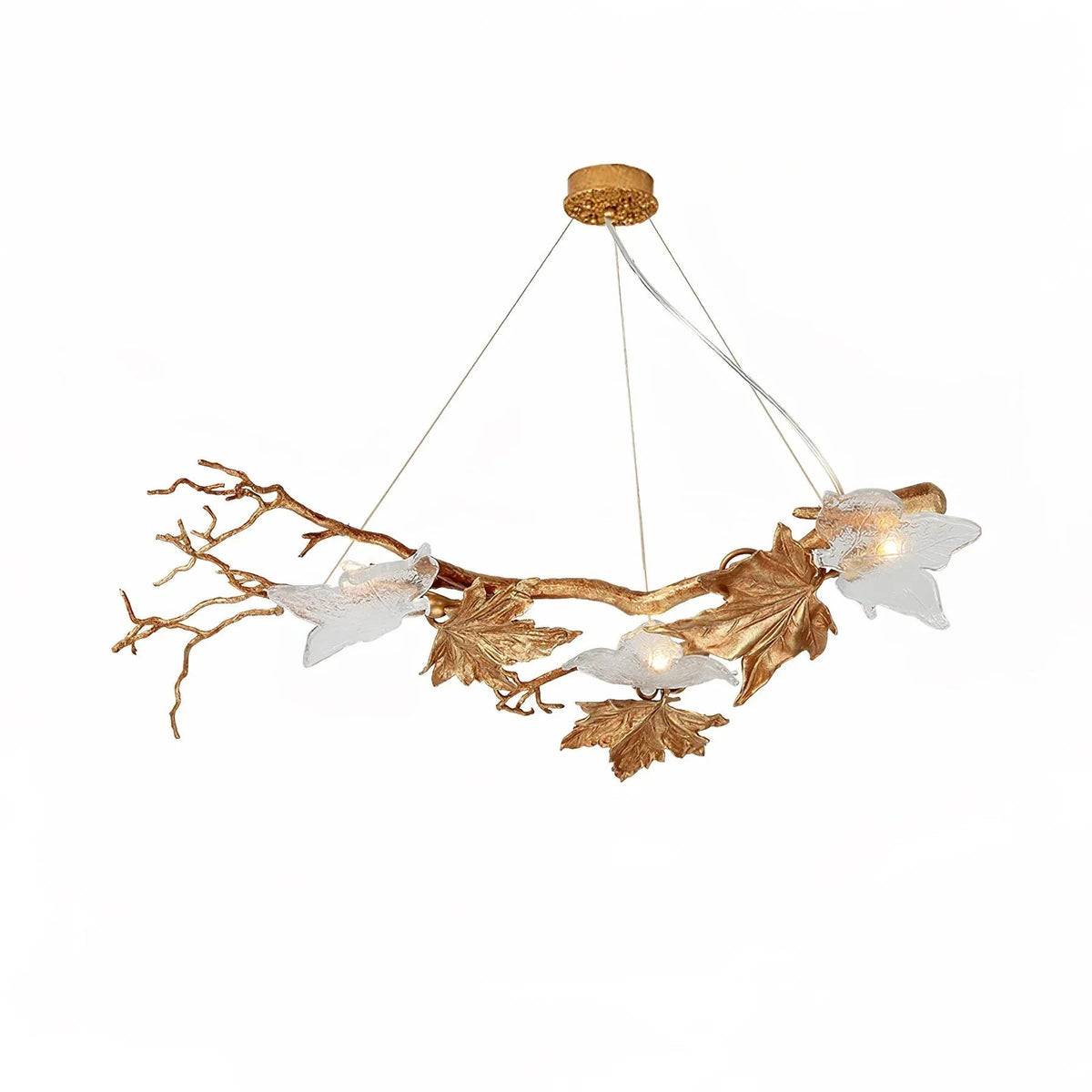 Low Sculptural Brass Branch Chandelier with Clear Glass Shades