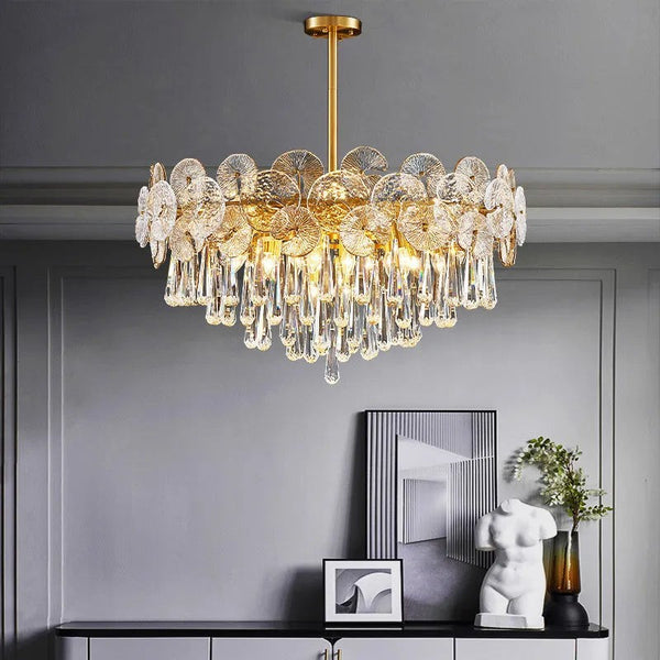 Low Tiered Copper and Cut Crystal Halo Chandelier