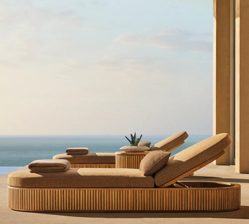 Luxury Modern Teak Sun Lounger – Sculpted Outdoor Chaise with Adjustable Backrest & Plush Cushion