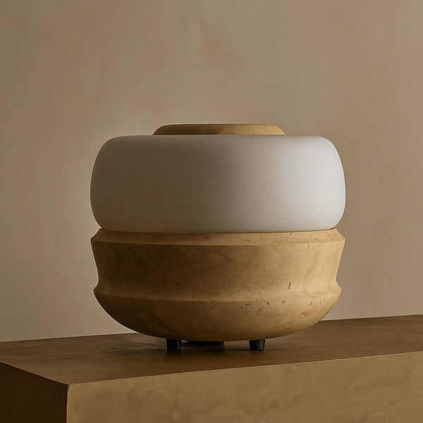 Marble and Travertine Table Lamp with Frosted Glass Dome