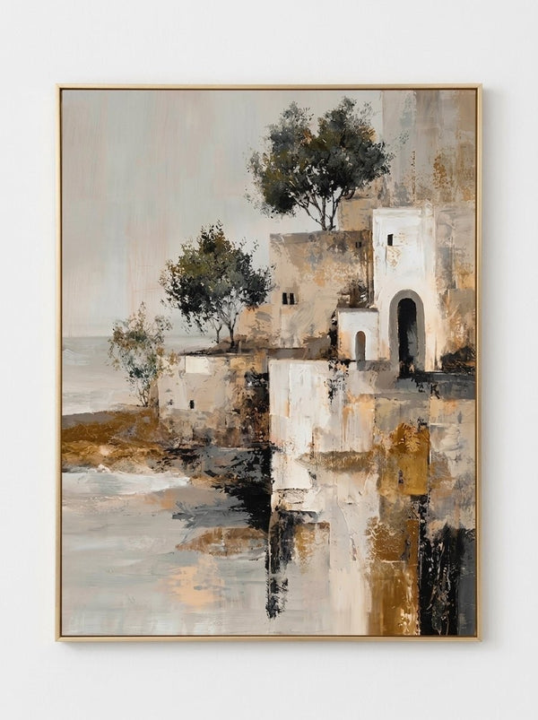 Mediterranean Coastal Village Textured Canvas Art