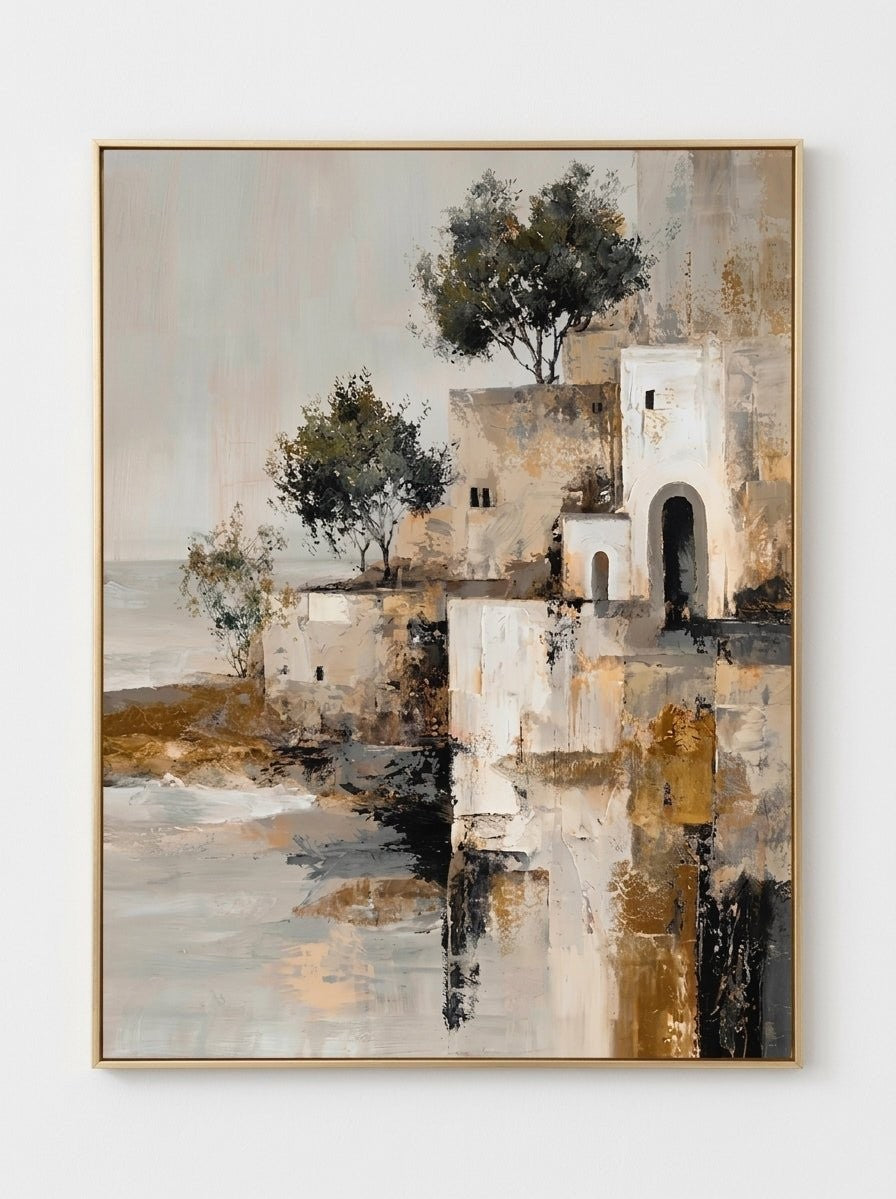 Mediterranean Coastal Village Textured Canvas Art