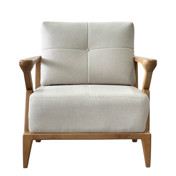 Mid-century armchair front view beige cotton linen