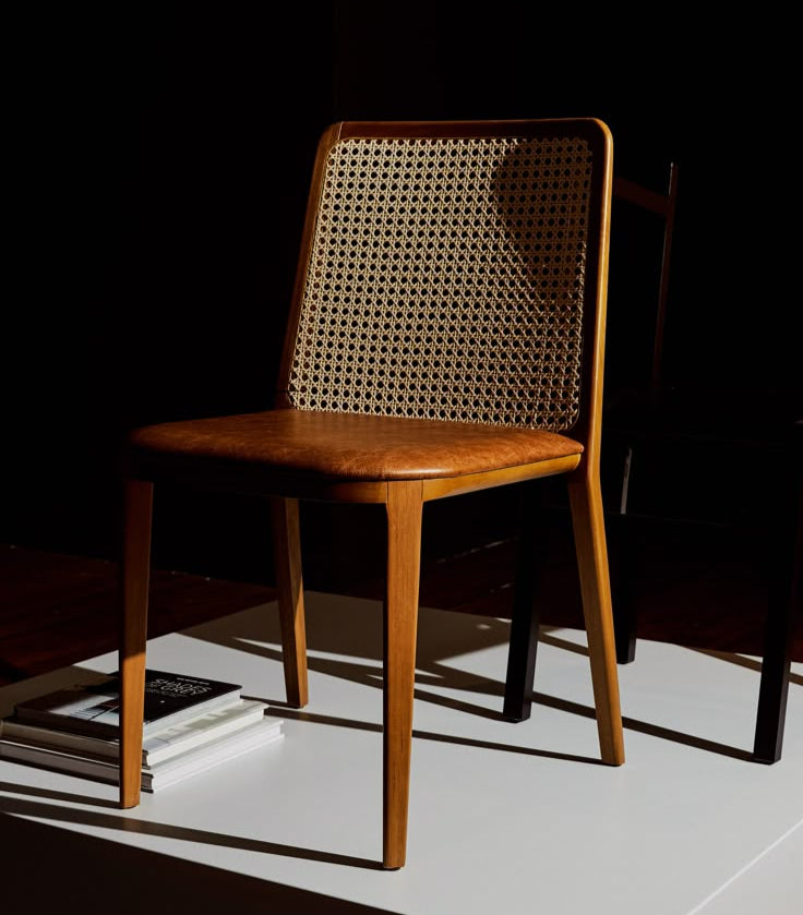 Mid-Century Modern Cane Back Dining Chair – Solid Wood Frame with Handwoven Rattan