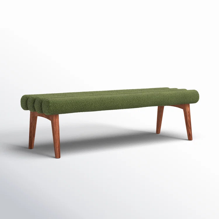 Mid-Century Modern Channel Tufted Bench – Solid Wood Frame with Green Bouclé Upholstery