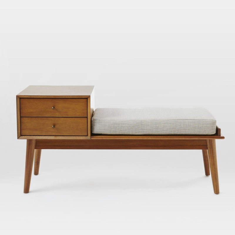 Mid-Century Modern Entryway Bench with Drawers and Cushion - Main View