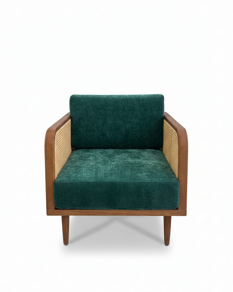 Mid-Century Modern Living Room Sofa – Sculptural Loveseat, Chair + Solid wood + Natural Rattan