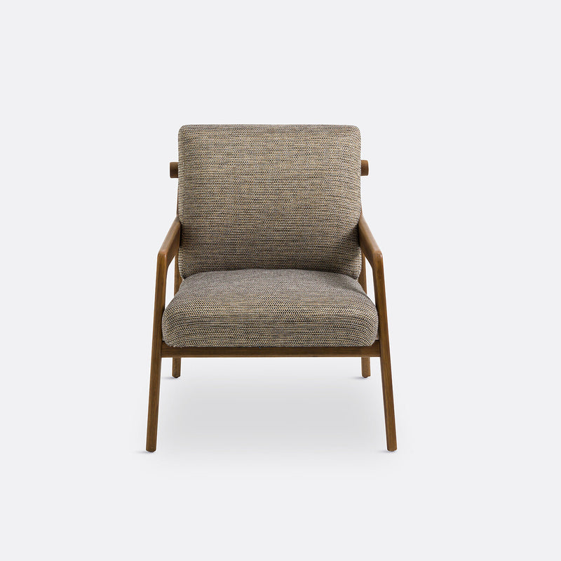 Mid-Century Modern Lounge Chair – Sculpted Wood Frame with Textured Upholstery