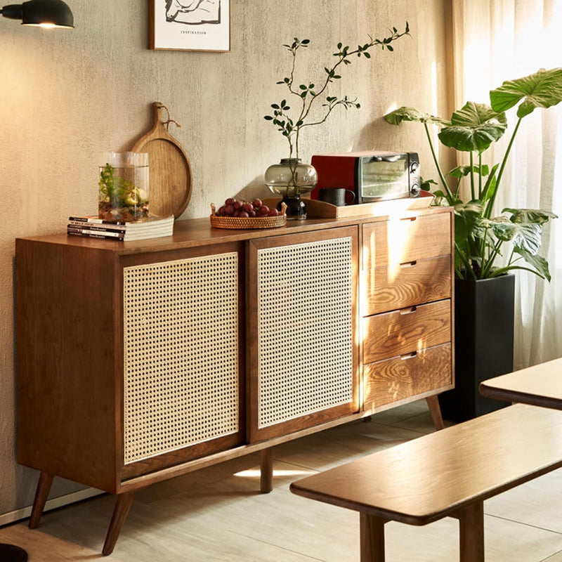 Mid-Century Modern Rattan Sideboard – Solid Wood Buffet with Woven Doors and Drawers
