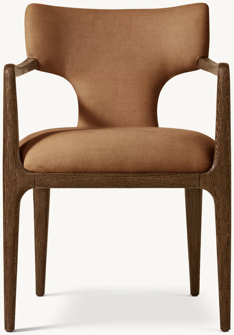 Mid-Century Modern Sculpted Arm Dining Chair – Walnut Wood Frame with Camel Upholstery