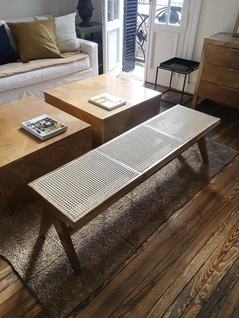 Mid-Century Modern Solid wood and Rattan Bench – Rectangular Wood Frame with Woven Seat