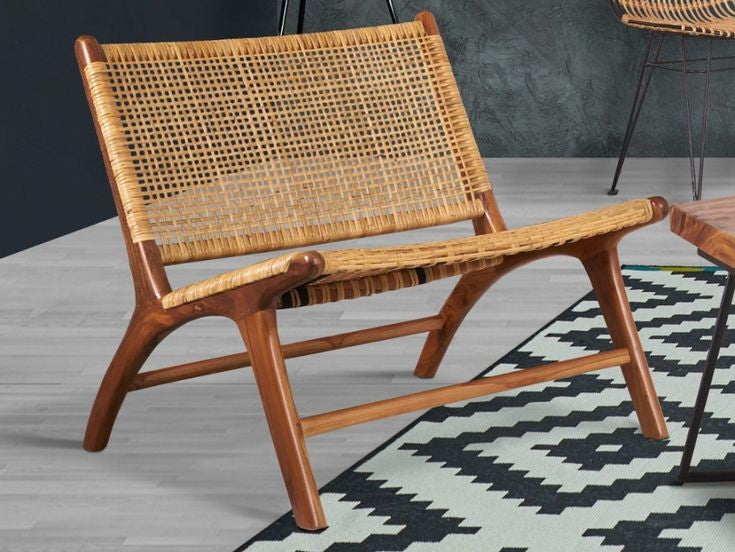 Mid-Century Modern Solid wood & Rattan Lounge Chair – Sculptural Wood Frame with Handwoven Seat and Back