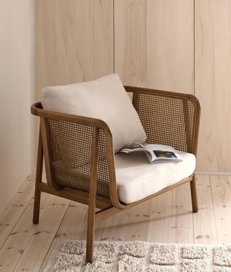 Mid-Century Modern Solid wood & Rattan Lounge Chair – Sculptural Wood Frame with Handwoven Panels