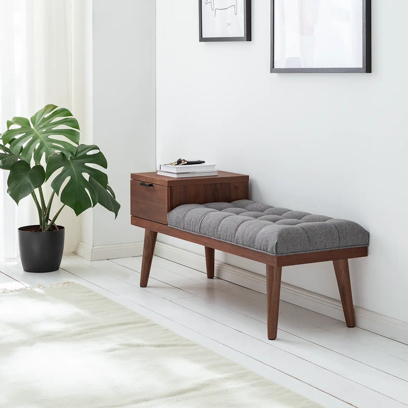 Mid-Century Modern Storage Bench – Solid Wood with Tufted Charcoal Cushion and Side Drawer